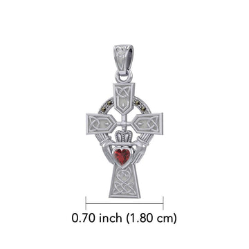 Celtic Cross and Irish Claddagh 14K White Gold Pendant with Heart Gemstone WPD5340 - Jewelry